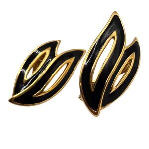 Vintage Monet Clip On Earrings Gold Black Enamel Modernist Leaf Openwork Signed